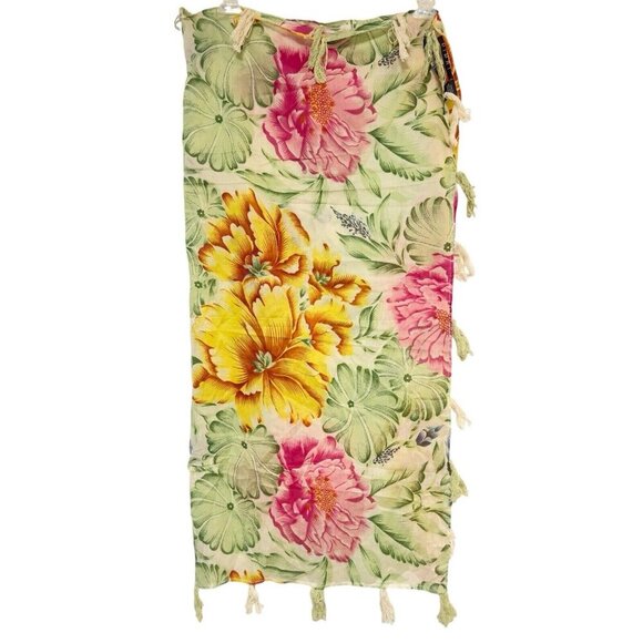 DIMRI Luxury Fashion Scarf Dahlia Green Pink Floral Tasseled Fringed Wrap - Picture 2 of 7